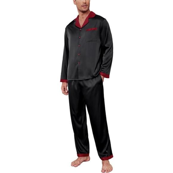 Men Satin Silk Pajamas Set with Pockets Long Sleeve-black - Picture 1 of 6